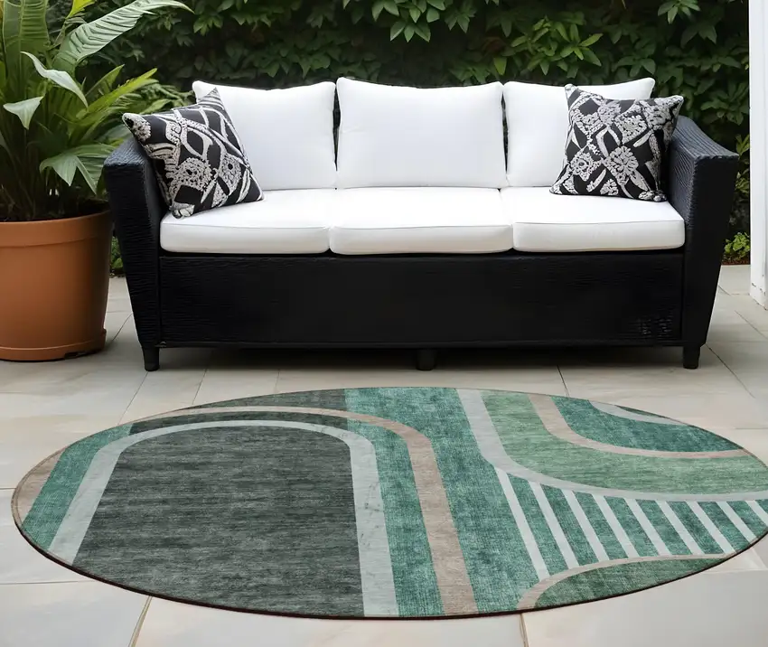 Black and Green Round Abstract Washable Indoor Outdoor Area Rug Photo 1