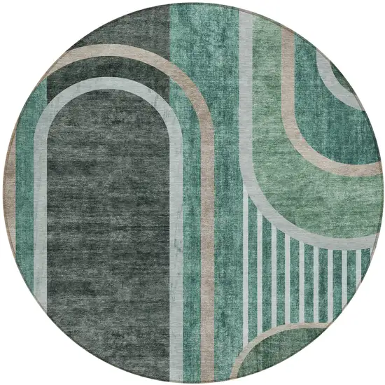 Black and Green Round Abstract Washable Indoor Outdoor Area Rug Photo 2