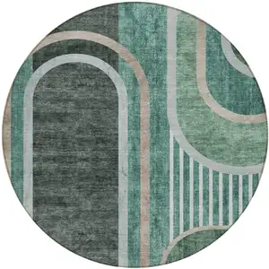 Photo of 8' Round Black and Green Round Abstract Washable Non Skid Indoor Outdoor Area Rug