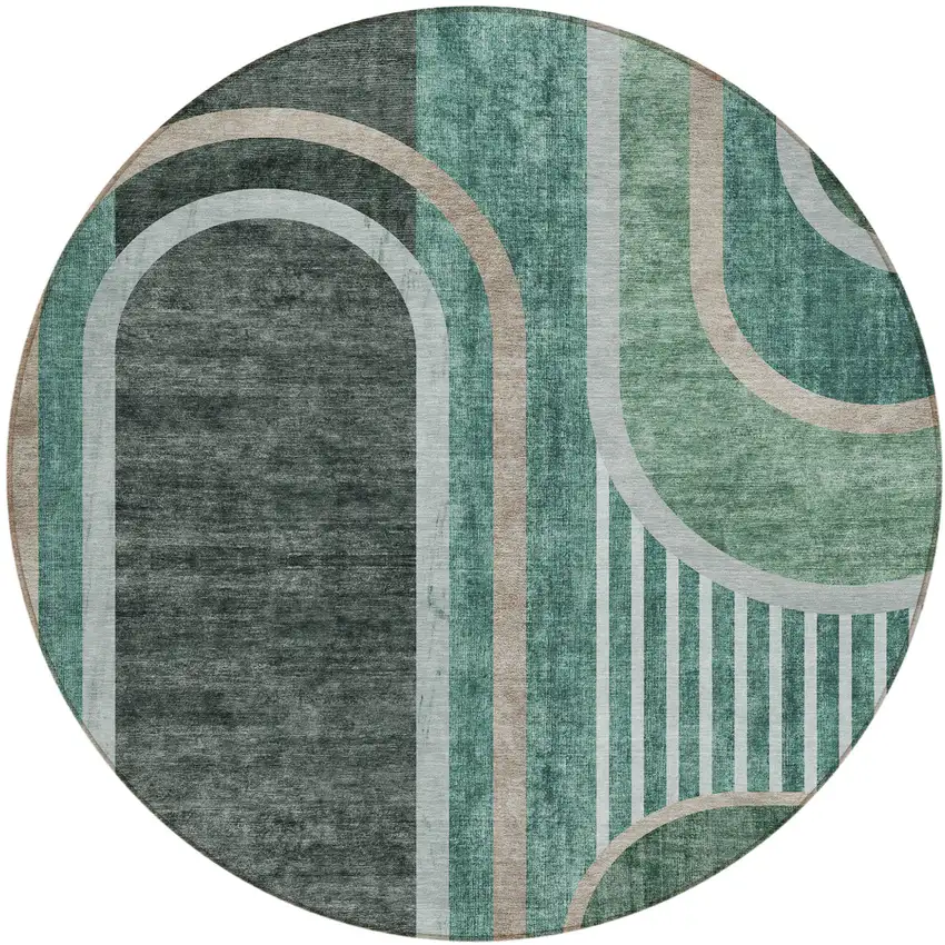 Black and Green Round Abstract Washable Indoor Outdoor Area Rug Photo 2