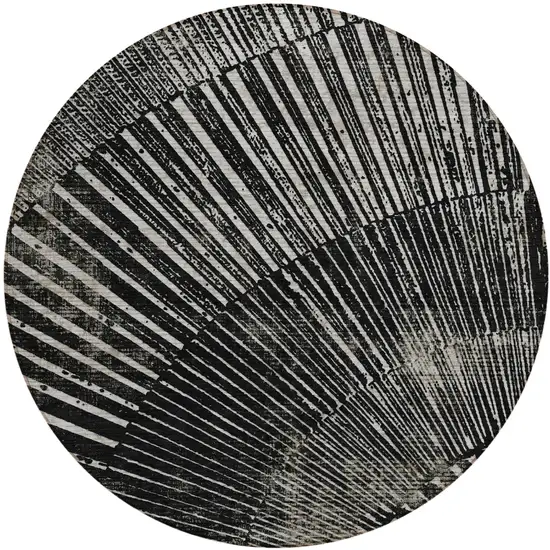 Black and Ivory Round Abstract Washable Non Skid Indoor Outdoor Area Rug Photo 2