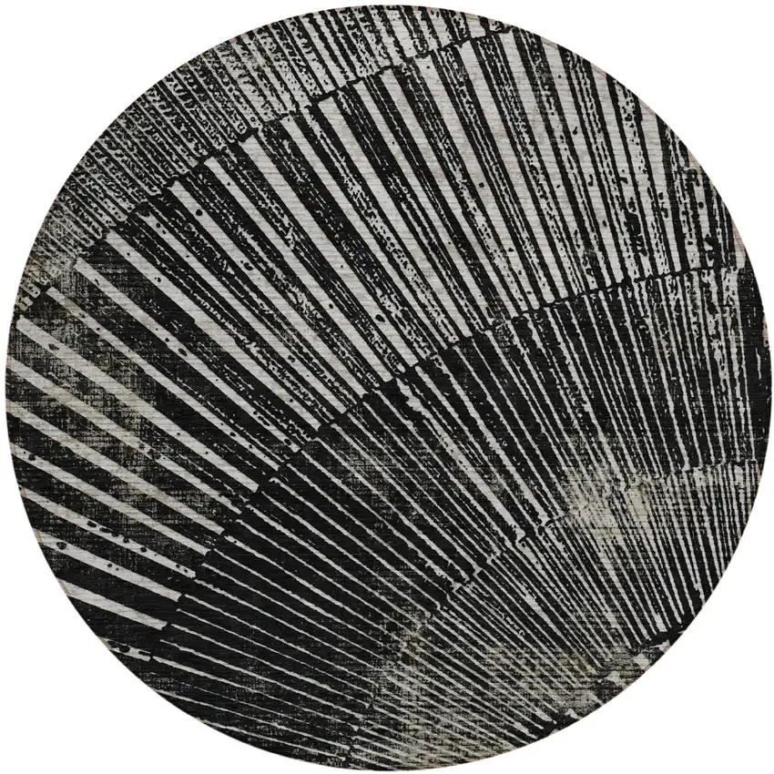 Black and Ivory Round Abstract Washable Non Skid Indoor Outdoor Area Rug Photo 2