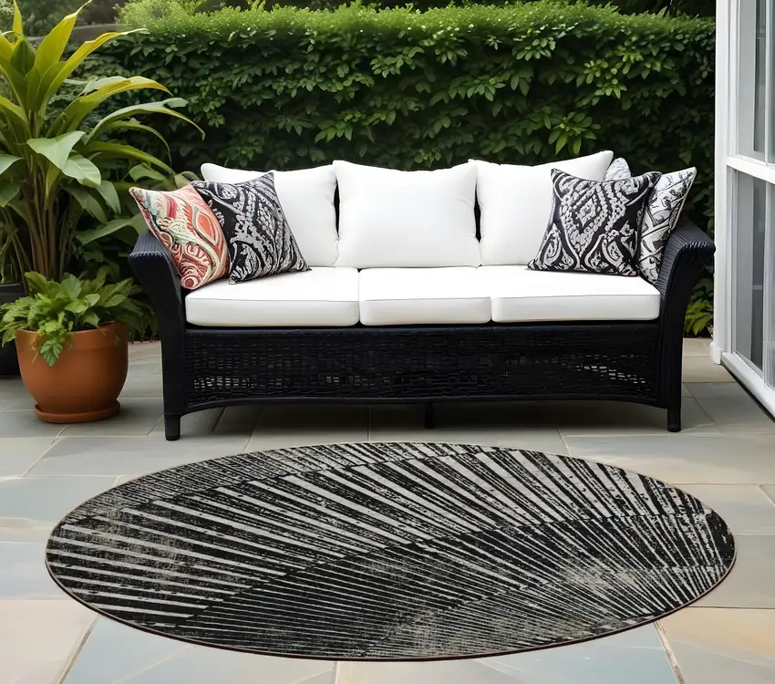 Black and Ivory Round Abstract Washable Non Skid Indoor Outdoor Area Rug Photo 1