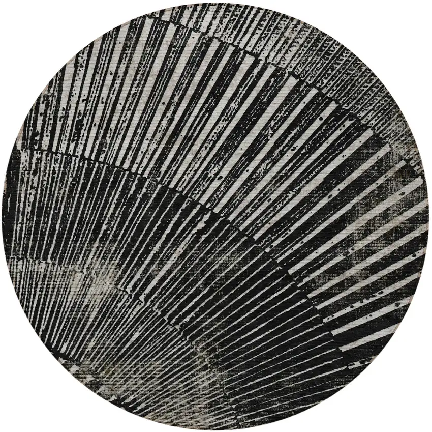 8' Round Black and Ivory Round Abstract Washable Non Skid Indoor Outdoor Area Rug Photo 5