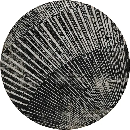 Black and Ivory Round Abstract Washable Non Skid Indoor Outdoor Area Rug Photo 2