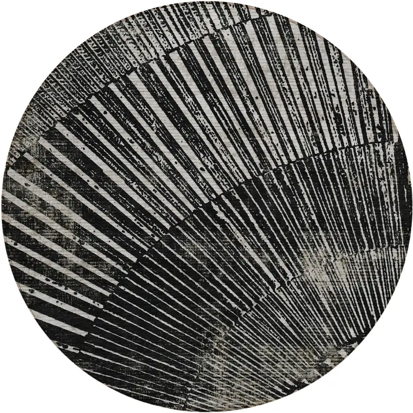 Black and Ivory Round Abstract Washable Non Skid Indoor Outdoor Area Rug Photo 2