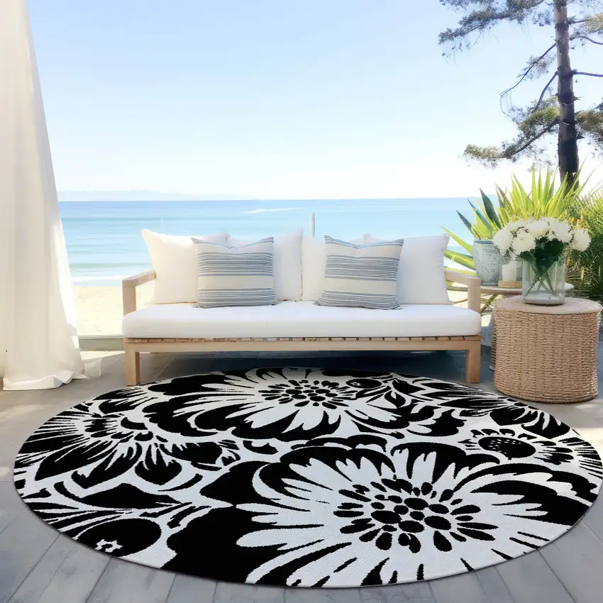Black and Ivory Round Floral Washable Non Skid Indoor Outdoor Area Rug Photo 8