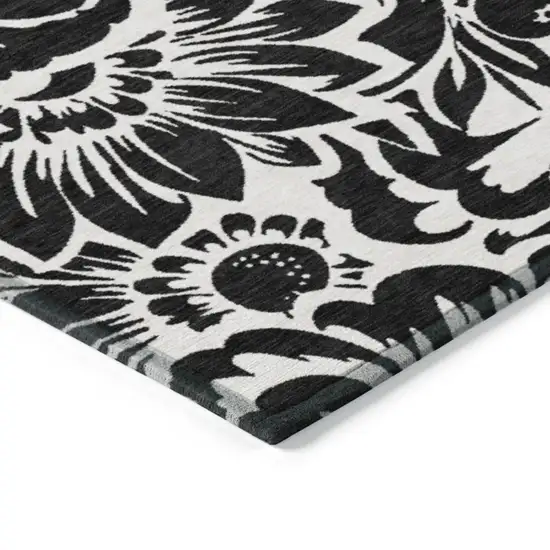 Black and Ivory Round Floral Washable Non Skid Indoor Outdoor Area Rug Photo 7