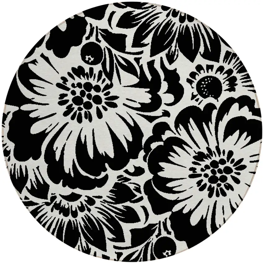 Black and Ivory Round Floral Washable Non Skid Indoor Outdoor Area Rug Photo 2