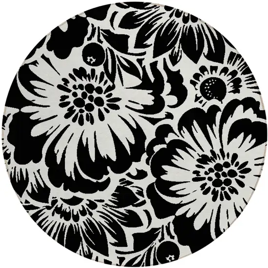 Black and Ivory Round Floral Washable Non Skid Indoor Outdoor Area Rug Photo 2