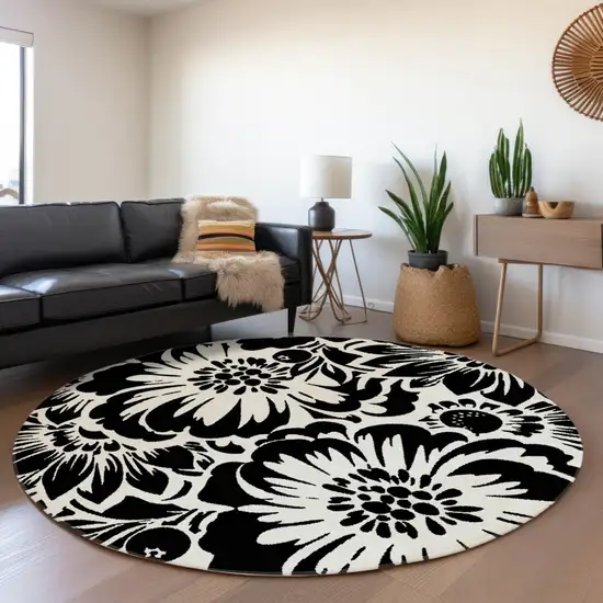 Black and Ivory Round Floral Washable Non Skid Indoor Outdoor Area Rug Photo 9