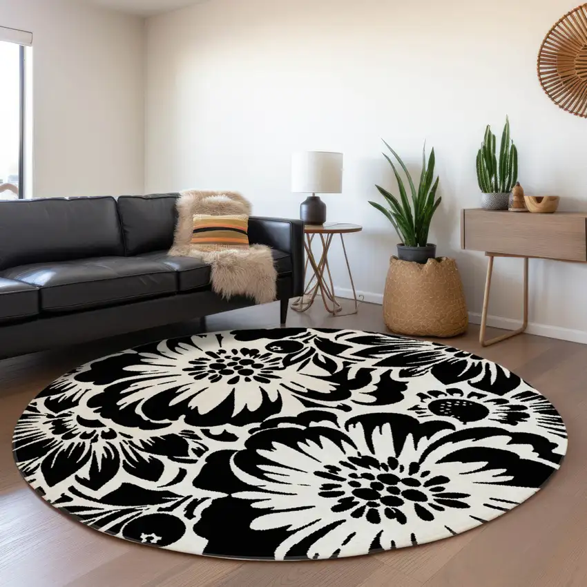 Black and Ivory Round Floral Washable Non Skid Indoor Outdoor Area Rug Photo 9