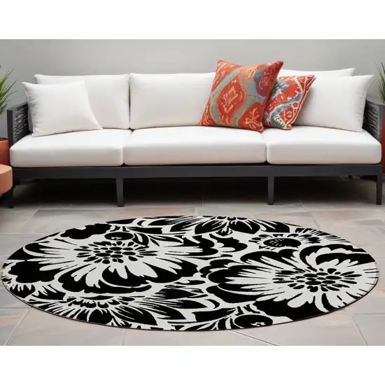 Black and Ivory Round Floral Washable Non Skid Indoor Outdoor Area Rug Photo 1