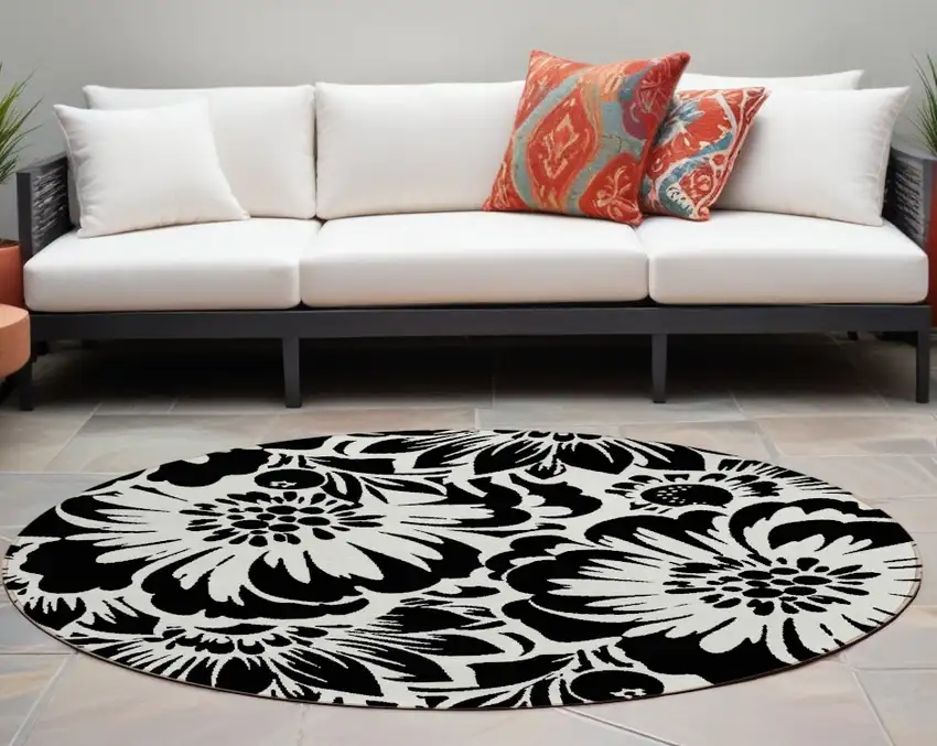 Black and Ivory Round Floral Washable Non Skid Indoor Outdoor Area Rug Photo 1