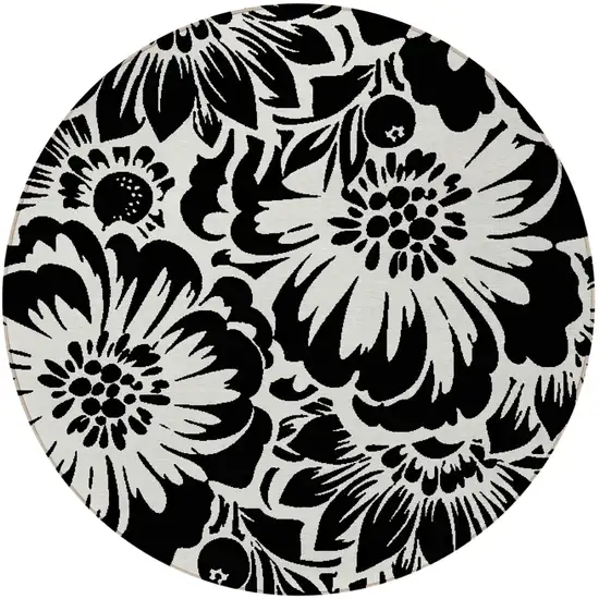 Black and Ivory Round Floral Washable Non Skid Indoor Outdoor Area Rug Photo 4
