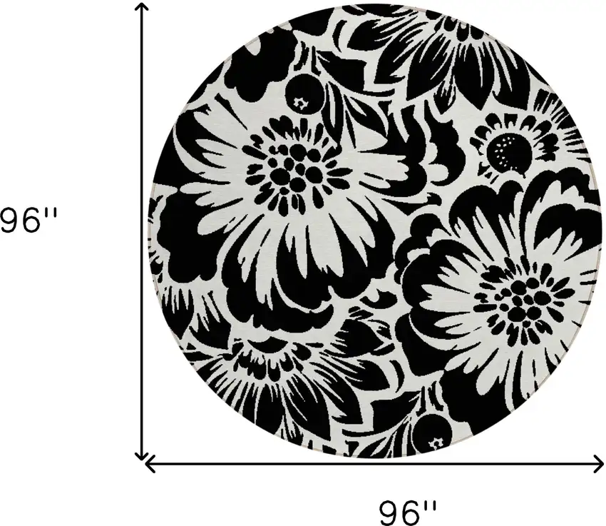 Black and Ivory Round Floral Washable Non Skid Indoor Outdoor Area Rug Photo 3