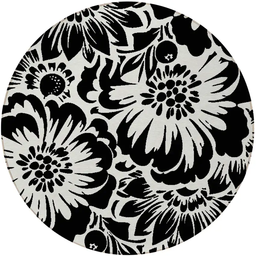 Black and Ivory Round Floral Washable Non Skid Indoor Outdoor Area Rug Photo 5