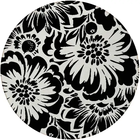 Black and Ivory Round Floral Washable Non Skid Indoor Outdoor Area Rug Photo 5