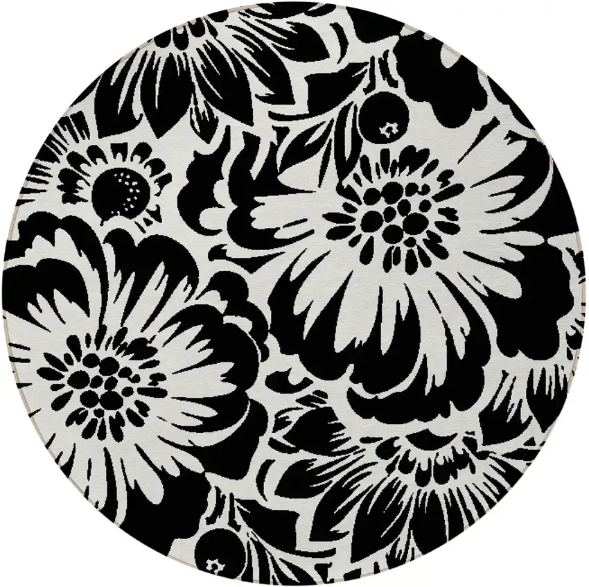 Black and Ivory Round Floral Washable Non Skid Indoor Outdoor Area Rug Photo 5