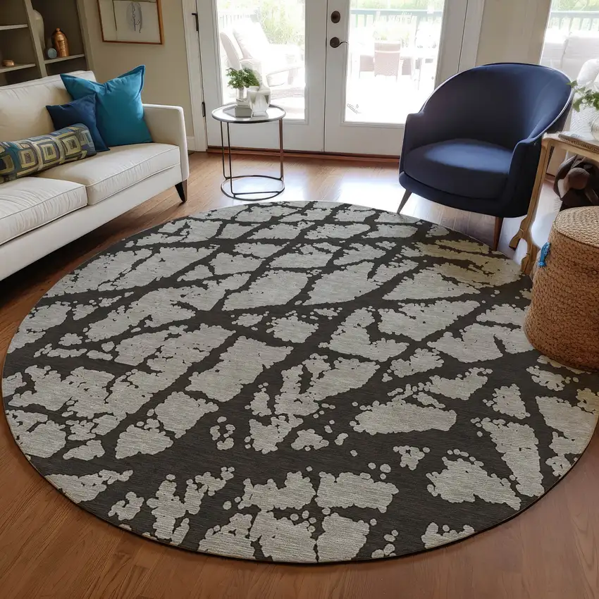 8' Round Black and White Round Abstract Washable Non Skid Indoor Outdoor Area Rug Photo 9