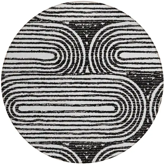 Black and White Round Abstract Washable Non Skid Indoor Outdoor Area Rug Photo 2