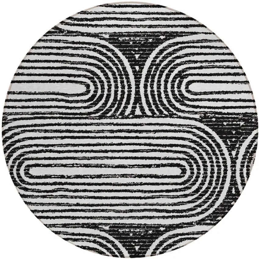 Black and White Round Abstract Washable Non Skid Indoor Outdoor Area Rug Photo 2