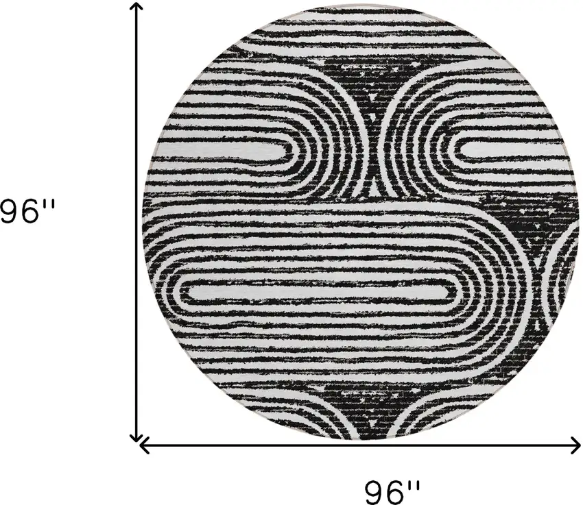 8' Round Black and White Round Abstract Washable Non Skid Indoor Outdoor Area Rug Photo 3