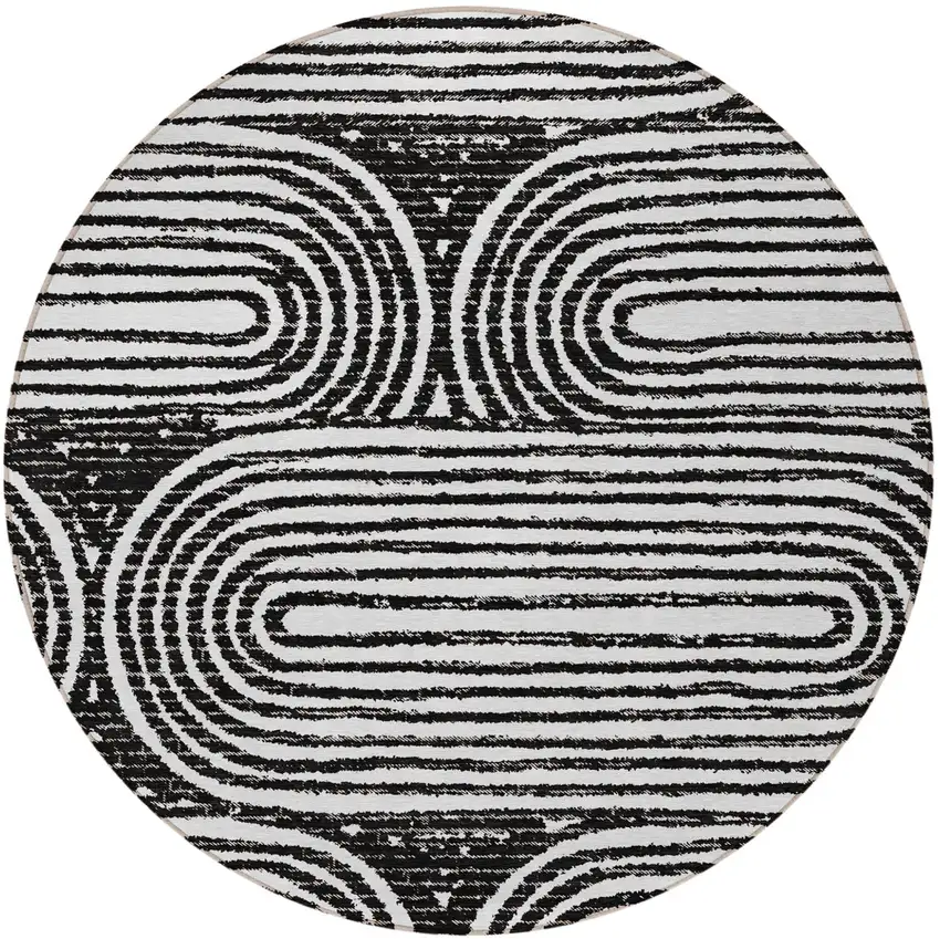 Black and White Round Abstract Washable Non Skid Indoor Outdoor Area Rug Photo 4