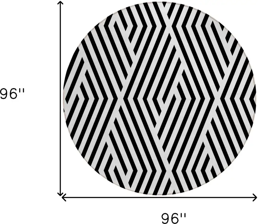 8' Round Black and White Round Geometric Washable Non Skid Indoor Outdoor Area Rug Photo 3