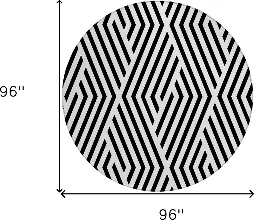 8' Round Black and White Round Geometric Washable Non Skid Indoor Outdoor Area Rug Photo 3
