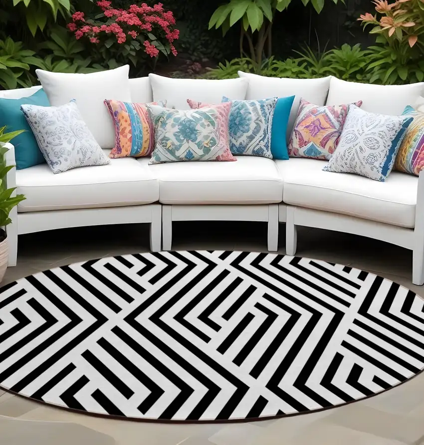 Black and White Round Geometric Washable Non Skid Indoor Outdoor Area Rug Photo 1