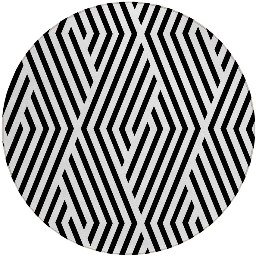 Black and White Round Geometric Washable Non Skid Indoor Outdoor Area Rug Photo 2