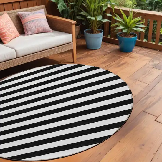 Black and White Round Striped Washable Non Skid Indoor Outdoor Area Rug Photo 1