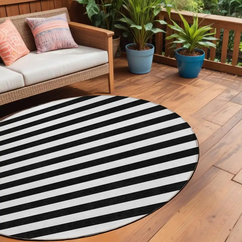 Black and White Round Striped Washable Non Skid Indoor Outdoor Area Rug Photo 1