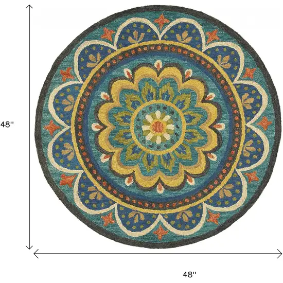 4' Blue and Orange Round Wool Floral Medallion Hand Tufted Area Rug Photo 3