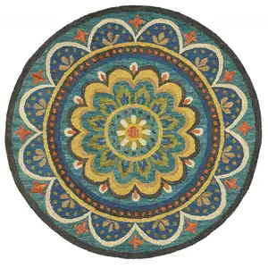 Photo of 4' Round Blue Floral Mandala Area Rug