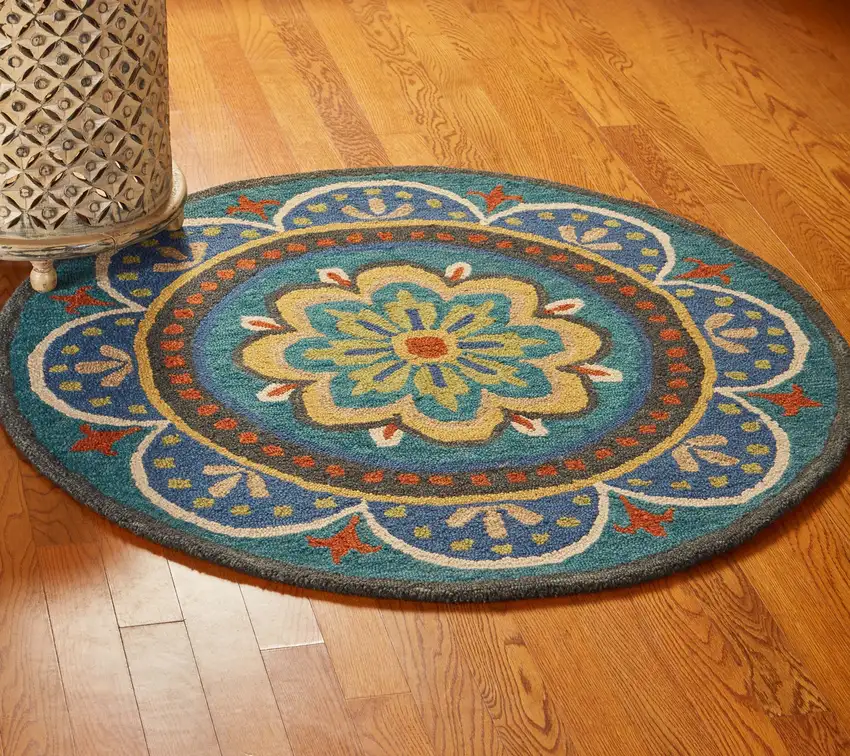 4' Round Blue Floral Mandala Area Rug Photo 8