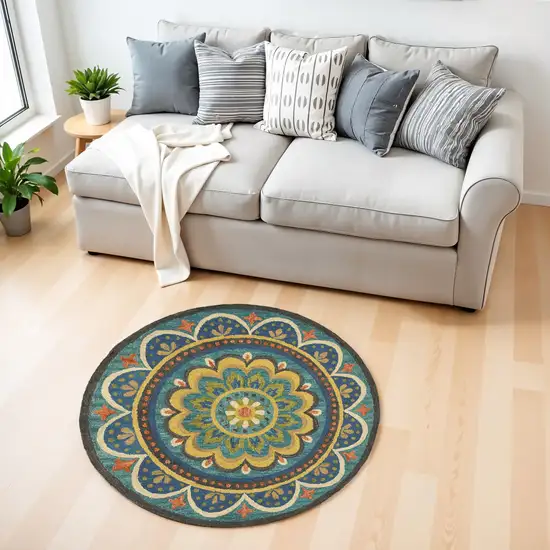 4' Blue and Orange Round Wool Floral Medallion Hand Tufted Area Rug Photo 2