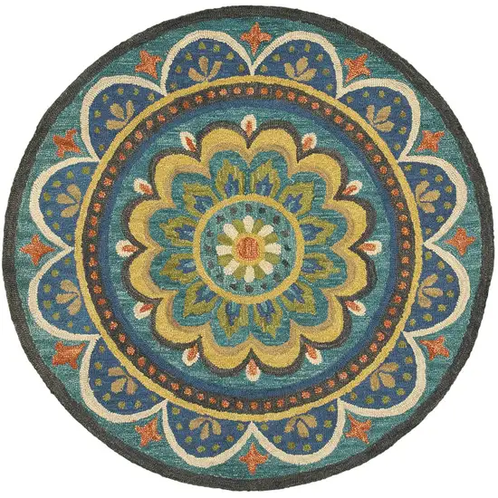 4' Blue and Orange Round Wool Floral Medallion Hand Tufted Area Rug Photo 4