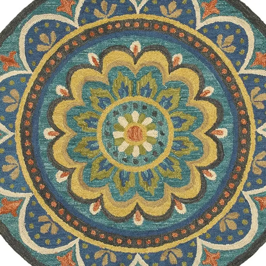 4' Blue and Orange Round Wool Floral Medallion Hand Tufted Area Rug Photo 3