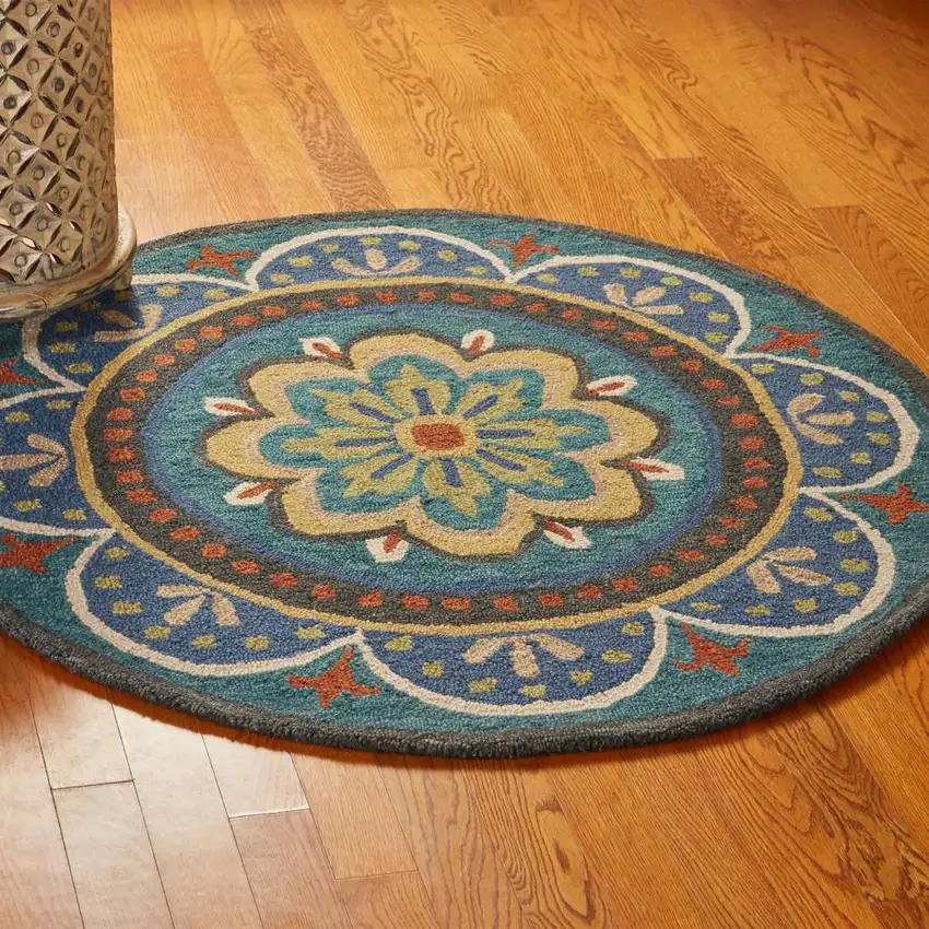 4' Blue and Orange Round Wool Floral Medallion Hand Tufted Area Rug Photo 9