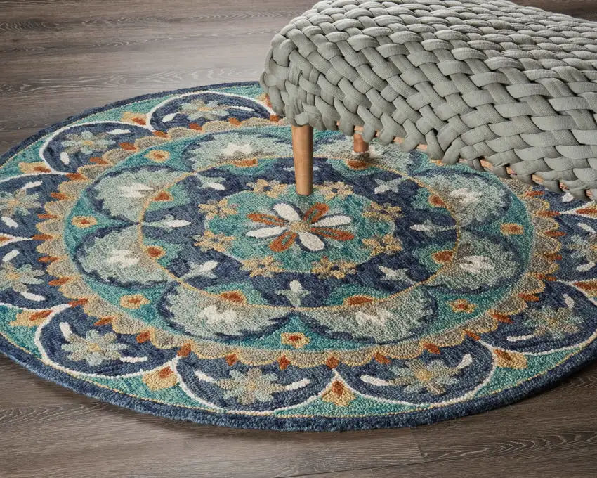 4' Round Blue Floral Mandala Area Rug Photo 8