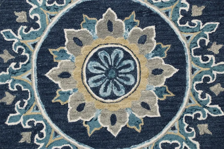 5' Round Blue Floral Medallion Area Rug Photo 2