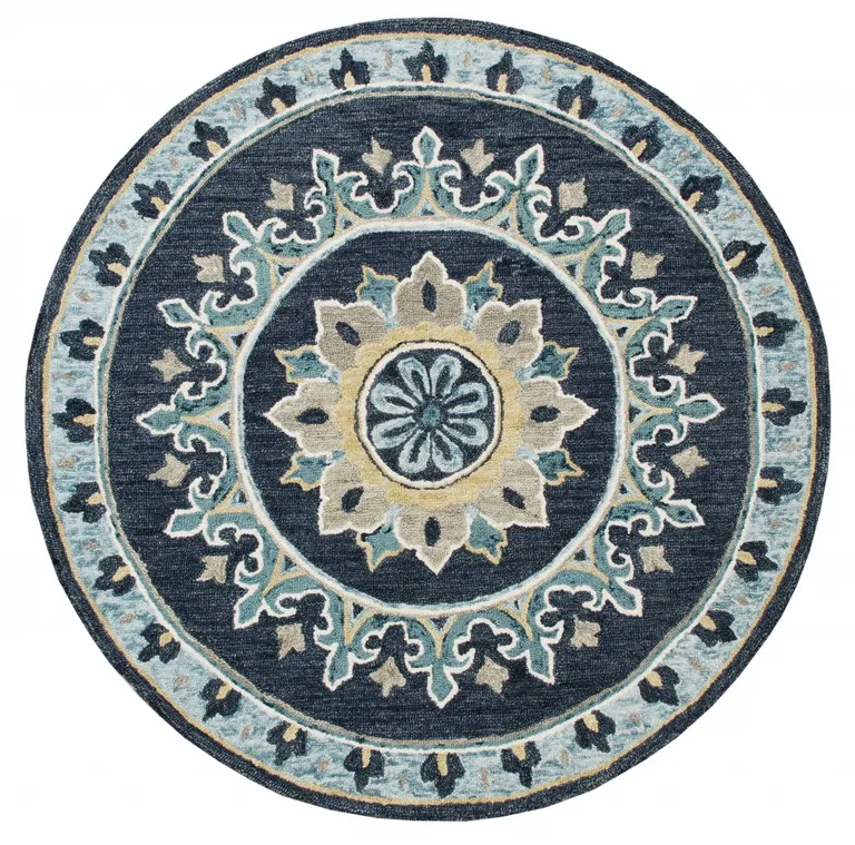 7' Round Blue Floral Medallion Area Rug Photo 1