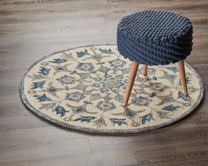 4' Round Blue Floral Oasis Area Rug Photo 7