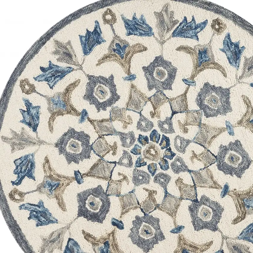 4' Round Blue Floral Oasis Area Rug Photo 9