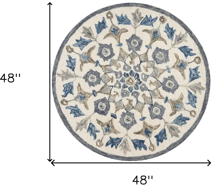 4' Round Blue Floral Oasis Area Rug Photo 11
