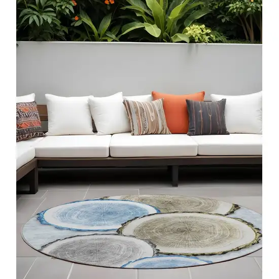 Blue Gold and Gray Round Faux Bois Washable Non Skid Indoor Outdoor Area Rug Photo 1
