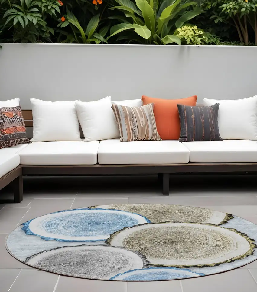 Blue Gold and Gray Round Faux Bois Washable Non Skid Indoor Outdoor Area Rug Photo 1
