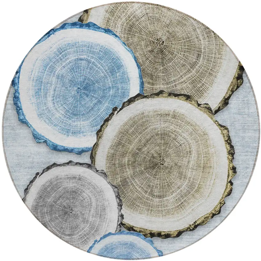 8' Round Blue Gold and Gray Round Faux Bois Washable Non Skid Indoor Outdoor Area Rug Photo 2